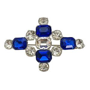 1940s Dark Blue Rhinestone Cross Brooch New Old Stock Pot Metal Pin